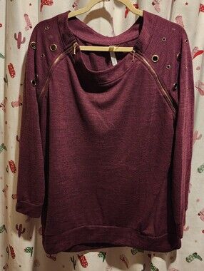 NWT SZ 1X NY Collection Plum/burgundy Grommet & Zip-Trim Pullover.